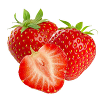 id: an image of three strawberries, one of which is cut in half